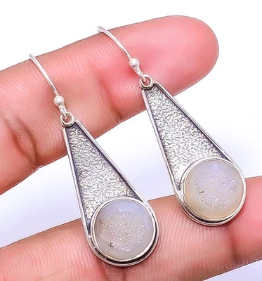 Pendiente de Plata de Ley 925 Drusy Ágata Titanio Blancanieves 1.76" E24, Navidad Foto 1 de 4