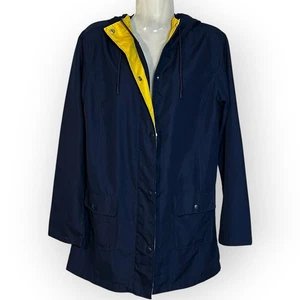 Abrigo de lluvia con capucha azul marino amarillo chaqueta S bolsillos a presión marinero chic náutico pequeño - Imagen 1 de 9