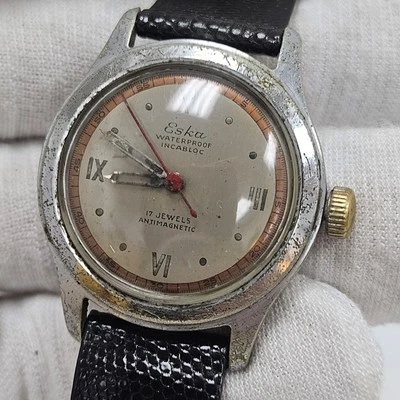 ESKA VINTAGE ATORNILLADO ACERO 17J CUERDA MANUAL HERMOSA ESFERA ROMANA 2 TONOS Foto 1 de 4