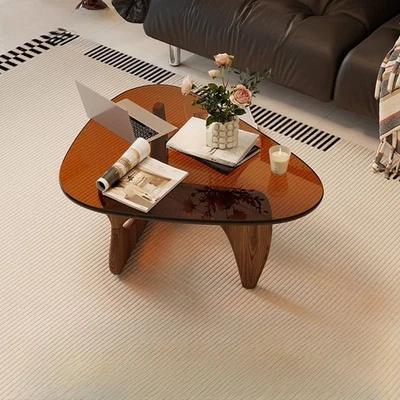 野口三角玻璃咖啡桌带实木底座复古透明玻璃上衣 — 第 1/3 张图片