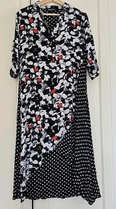Maxi Dress Womens Large Henley Roll Tab Sleeve Artsy Fairy Black White Boho Asym - Picture 1 of 9