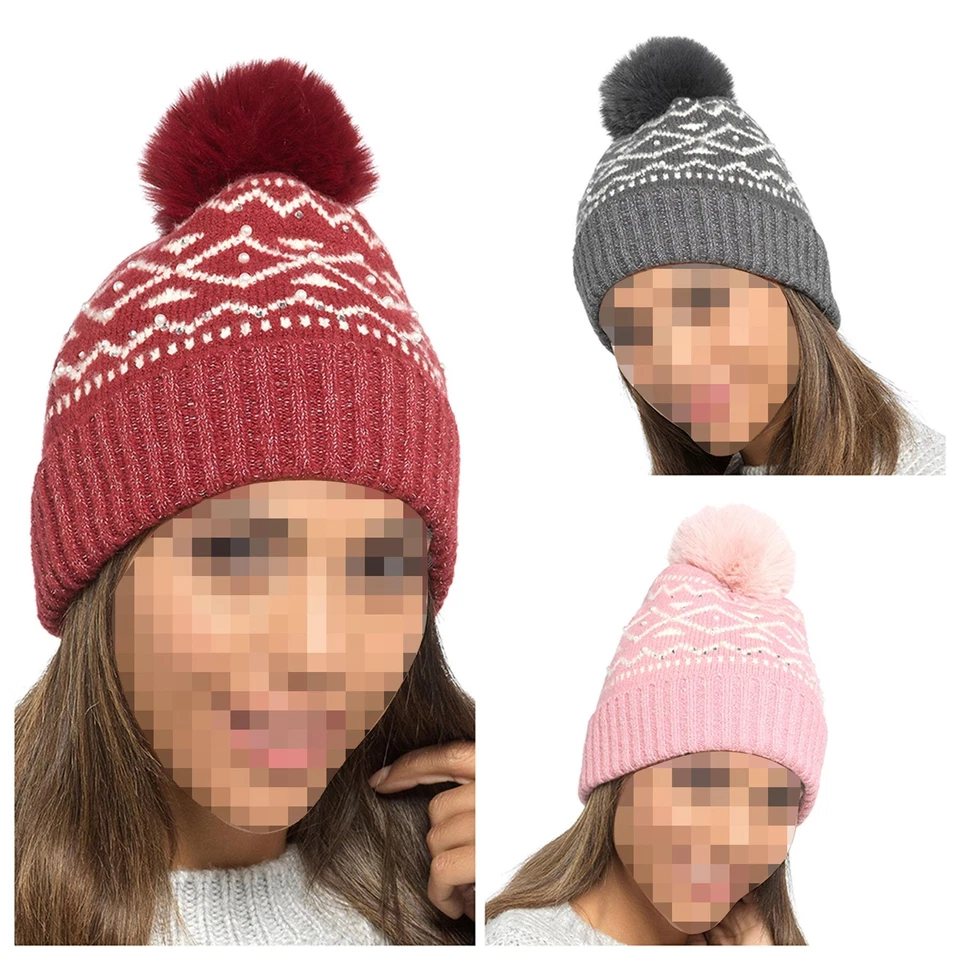 A2Z Damas Sombreros Detalle de Cuentas Tejido Bobble Gorro Pom Pom Invierno Cálido Mujeres Gorras Foto 1 de 1