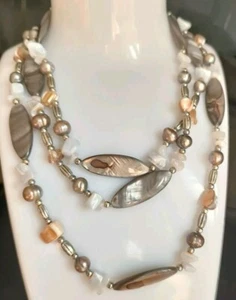 Natural Grey Baroque Pearls, Quartz And Paua Shell/ Abalone Necklace - Picture 1 of 14
