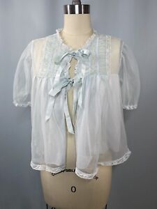 Nightgown Bed Jacket SIZE MEDIUM blue sheer nylon 50s 60s ruffle lace bow pin up