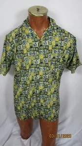 Bill Blass Green Yellow Navy Leaf Design Short Sleeve Shirt M Disco Style - Picture 1 of 4