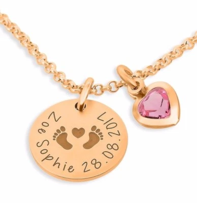 Kette rosé vergoldet, Babyfüße, Geschenk zur Geburt, Gravurschmuck rosé  - Bild 1 von 3