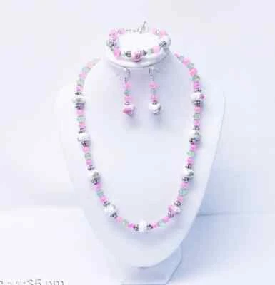 Collar/Pulsera/Pendientes Blanco con Cuentas de Cerámica Floral Rosa/Verde Foto 1 de 4