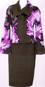ST.JOHN Women Knit Green Purple Pink Floral Print Jacket & NWOT Green Skirt Sz 8 - Picture 1 of 8