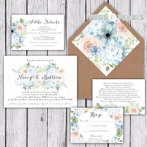 Personalisierte Luxus rustikale Hochzeitseinladungen BLAU & ROSA HORTENSIE 10er-Pack - Bild 1 von 6