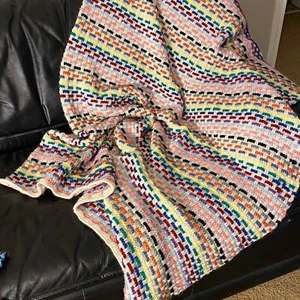 VTG Hand Knit Blanket Afghan Granny Throw Blanket 54" X 39" Rainbow cottage Gift - Picture 1 of 12