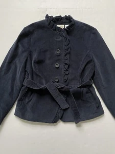 LL Bean Jacket Womens 8P Navy Blue Corduroy Belted Ruffle Button Up - Picture 1 of 7