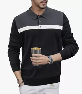 Mens Polo Shirt Long Sleeve Lightweight Knit Pullover Athletic Golf Top Size L - Picture 1 of 6