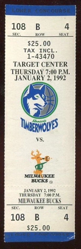 Ticket Basketball Minnesota Timberwolves 1991 - 92 1/2 Milwaukee Bucks - Image 1 of 1