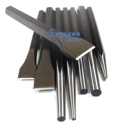 CAL-HAWK 8 PC HEAVY-DUTY JUMBO LARGE MECHANIC'S STEEL METAL PUNCH & CHISEL PIN TOOL SET