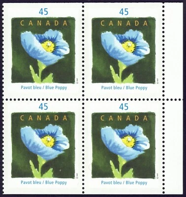 Canada sc#1638 Québec en Fleur: Blue Puppy, Block fr Booklet Bk199a, HF, Mint-NH - Image 1 of 2
