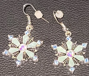 Signed KC Dangle Drop Snowflake Earrings Enamel and Blue Rhinestones - Picture 1 of 4