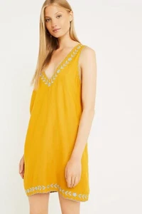 Urban Outfitters Embroided Sleeveless V-neck Shift Dress Yellow Size XS - Picture 1 of 17