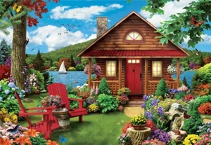 Jigsaw Puzzle Landscape Perfect Summer Log Cabin Vacation 1000 EZ Grip piece NEW - Picture 1 of 1