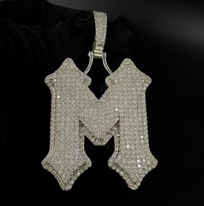 Authentic VS Lab Grown Diamond Men's Custom "M" Layer Letter Pendant 925 Silver - Picture 1 of 5