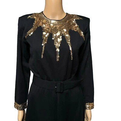 Vestido Outlander años 80 línea A lentejuelas doradas negro mezcla de lana cinturón llamativo noche Foto 1 de 4