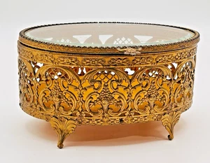 Vintage Ormolu Gold Vergoldet Filigran Mittel Oval Schatulle Box Schmuckstück Hollywood Regency - Bild 1 von 12