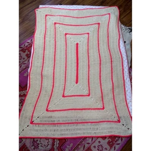 Handmade Beige Crochet Blanket Throw Neon Pink Trim Boho Cozy Accent - Picture 1 of 5