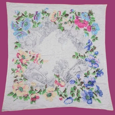 Bufanda de seda vintage 31" cuadrada multicolor floral y escenas del campo francés  Foto 1 de 4