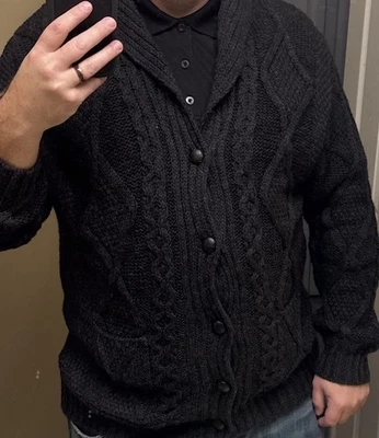 Cárdigan Aran Sweater Market 100% Lana Merino Cuello Chal 2XL Hecho en Irlanda Foto 1 de 4