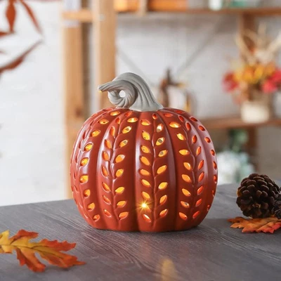 Ceramic Pumpkin with Light Tabletop Decor, Orange, 8", Harvest by Way To Celebra - Image 1 of 4