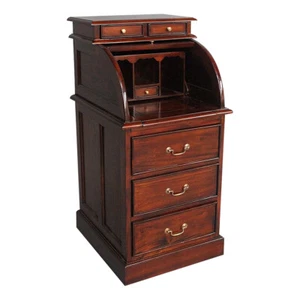 Solid Mahogany Wood Chest 3 Drawers with Roll Top Desk Reproduction Design - Picture 1 of 2