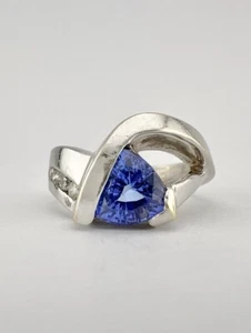 Designer 14k White Gold Trillion Cut Tanzanite & Diamond Bypass Ring - Picture 1 of 10