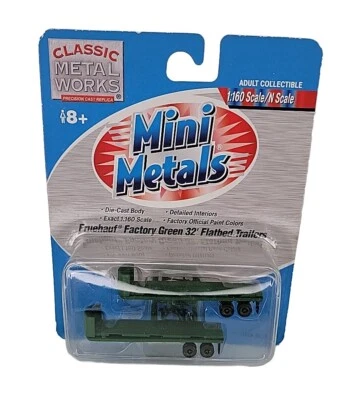 Mini Metals Classic Metal Works N-Scale FH Factory Green 32’ Flatbed Trailer Set - Image 1 of 2