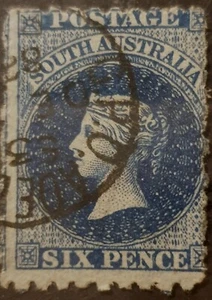South Aus QV Sideface 6d Prussian Blue Perf 10 (SG 135) - w/ Flaw - Pls See Desc - Picture 1 of 2
