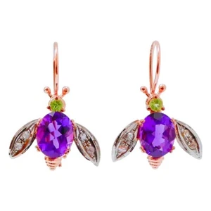 Exquisite Vintage Amethyst, Diamond and Peridot 9k Gold Fly Earrings - Picture 1 of 6