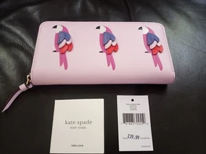 Kate Spade Flock Party Large Continental Wallet Pink Parrot Bird Zip Around NWT - Picture 1 of 7