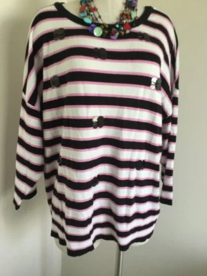 Nuevo Suéter Elle Mujer Talla XL Rosa Negro Rayas Manga 3/4 Lentejuelas Cuello Redondo Foto 1 de 4