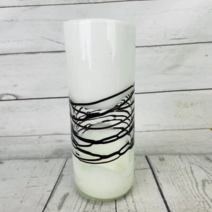 Hand Blown Art Glass Vase White Clear with Applied Drizzle Brown Swirl - Picture 1 of 16