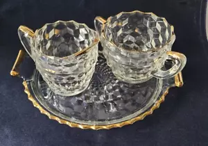Vintage Clear Cube Glass Gold Trimmed Tray with Sugar Bowl & Creamer - Picture 1 of 15