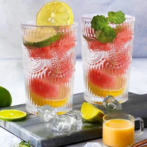 6pcs Vintage Drinking Glasses Set 13 oz Clear Highball Glasses Embossed Ribbe... - Picture 1 of 9