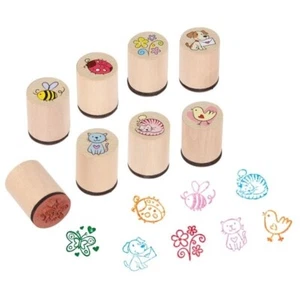 8er Set Holzstempel mit Tieren Marienkäfer Biene Blume Hund Schmetterling ... - Bild 1 von 1