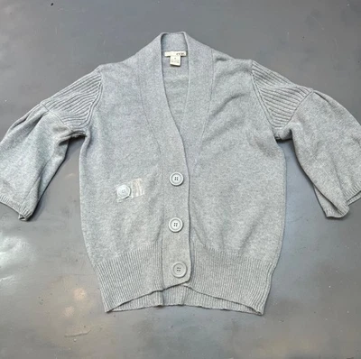 Evie Gray 3 Button Cardigan Sweater 3/4 Bell Flare Sleeve Cotton Size M - Image 1 of 4