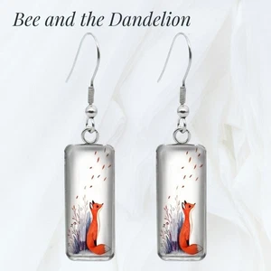 Fox with Autumn Leaves Glass Cabochon Silver Tone Dangle Earrings - Picture 1 of 6