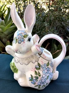 VTG White Rabbit CERAMIC TEA POT HandPainted BLUE FLOWERS Spring EASTER FastShip - Picture 1 of 22