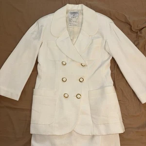 Vintage 1990’s Chanel 2 Piece Jacket Skirt Suit Cotton Pique Cream White Size 44 - Picture 1 of 18