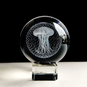 Crystal Ball Ornament Glass 3D Laser Engraved Sphere Base Figurine Jellyfish Wha - Picture 1 of 28
