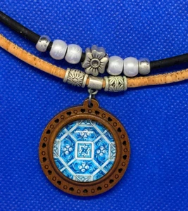 NWOT Portuguese Tile Style Pendant on Wood w Beads on Cork Necklace Portugal - Picture 1 of 14