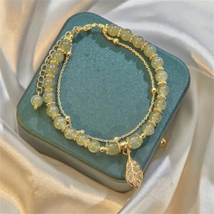 Hetian Jade Gold Leaf Bracelet Natural Gold Branch Jade Women Leaf Lucky Gifts - Picture 1 of 10