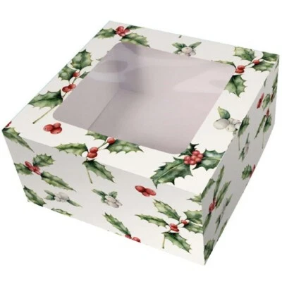 Vintage Christmas Cake Box Xmas Festive Yule Clear Window Holly treats 8"x4" - Image 1 of 4