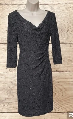 Vestido Ralph Lauren Talla 2 Gris Encaje Superpuesto Elástico Lentejuelas Acanalado Cuello Drapeado Foto 1 de 4