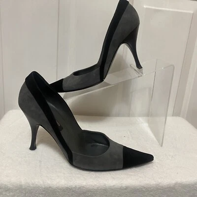 Zapatos de salón Sergio Rossi 7,5 gris negro gamuza 37,5 hechos en Italia tacón de 3,5 pulgadas Foto 1 de 4